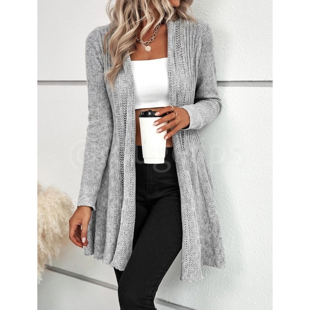 Rouge! Light Gray Ribbed Open-Front Long Cardigan - Picture 6 of 9
